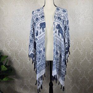 Janice One Size Open Front Kimono Blue White Elephant Print Fringe Details